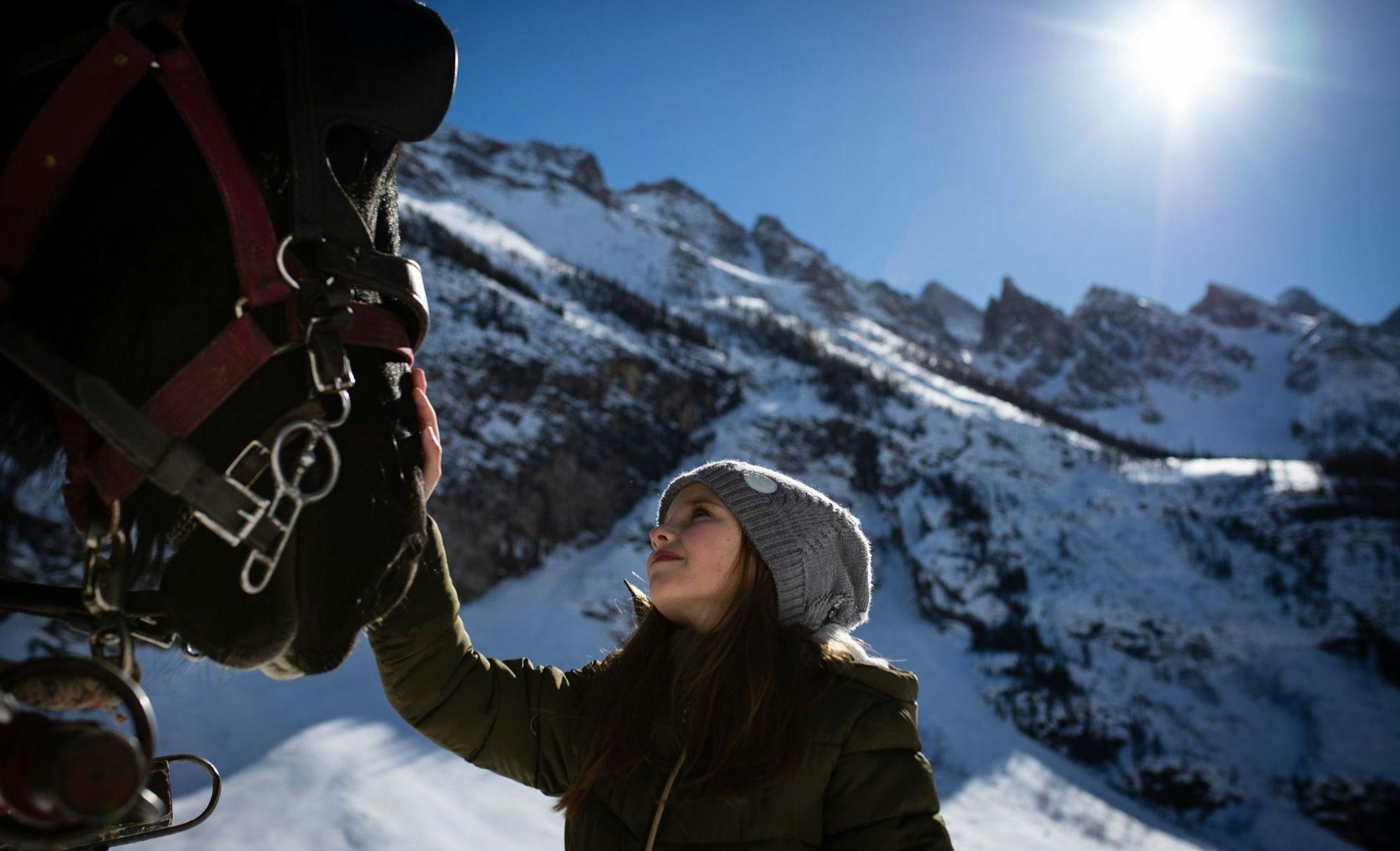 A young girl petting a horse that is going to pull her on a sleigh ride