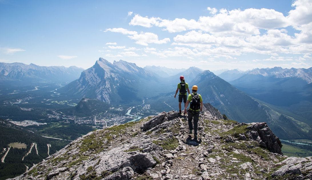 Taking the Via-Ferrata Tour to the summit of Mt. Rundle, Banff National Park, AB
