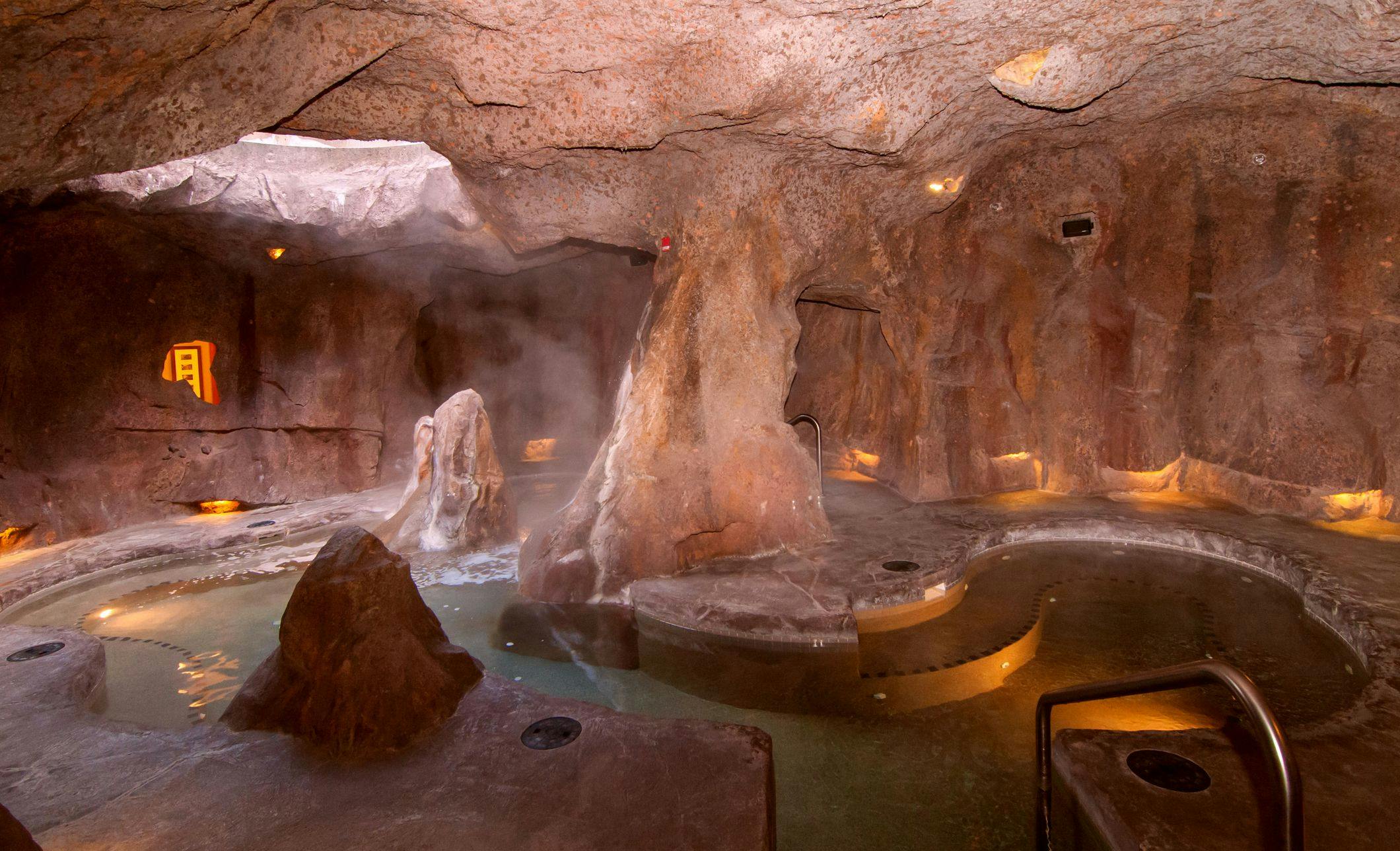 Indoor pool with a cave theme and an open roof