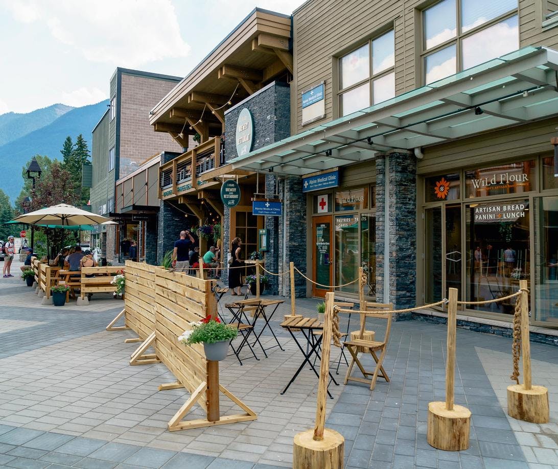 Shops on the newly renovated Bear Street in Banff, Alberta, Canada.