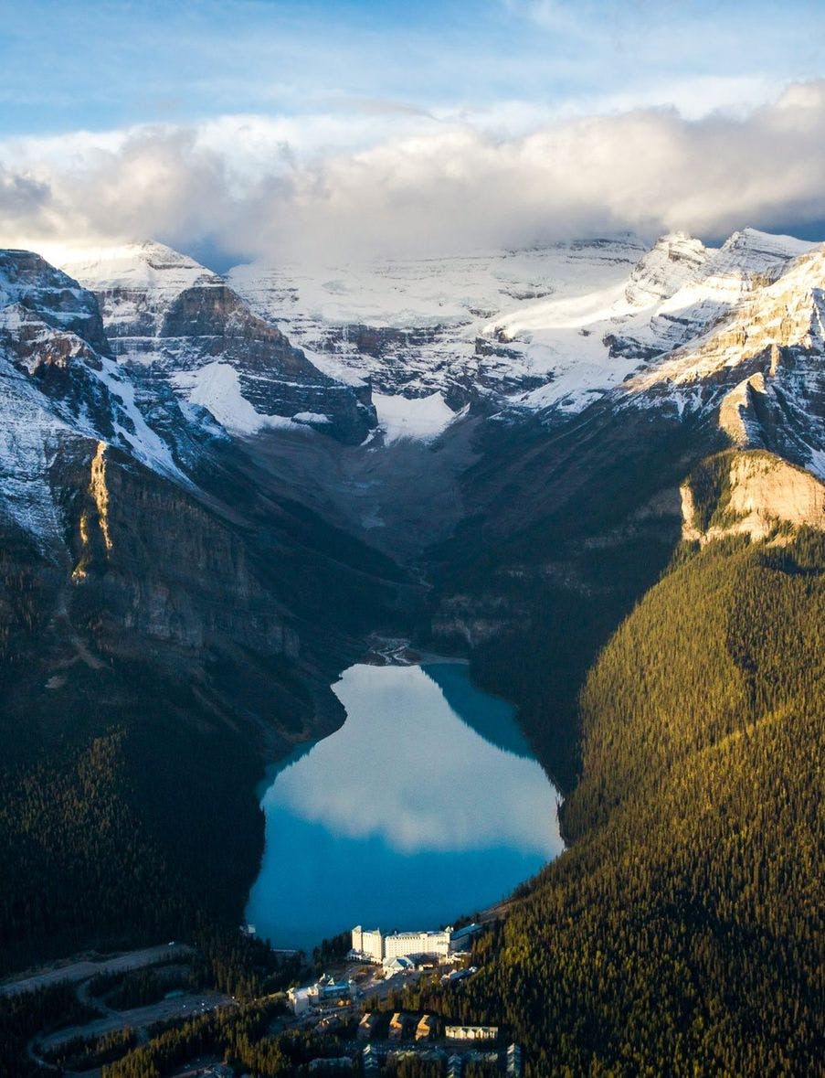 Lake Louise seen from above, Banff National Park, AB. Photo by Taylor Michael Burk