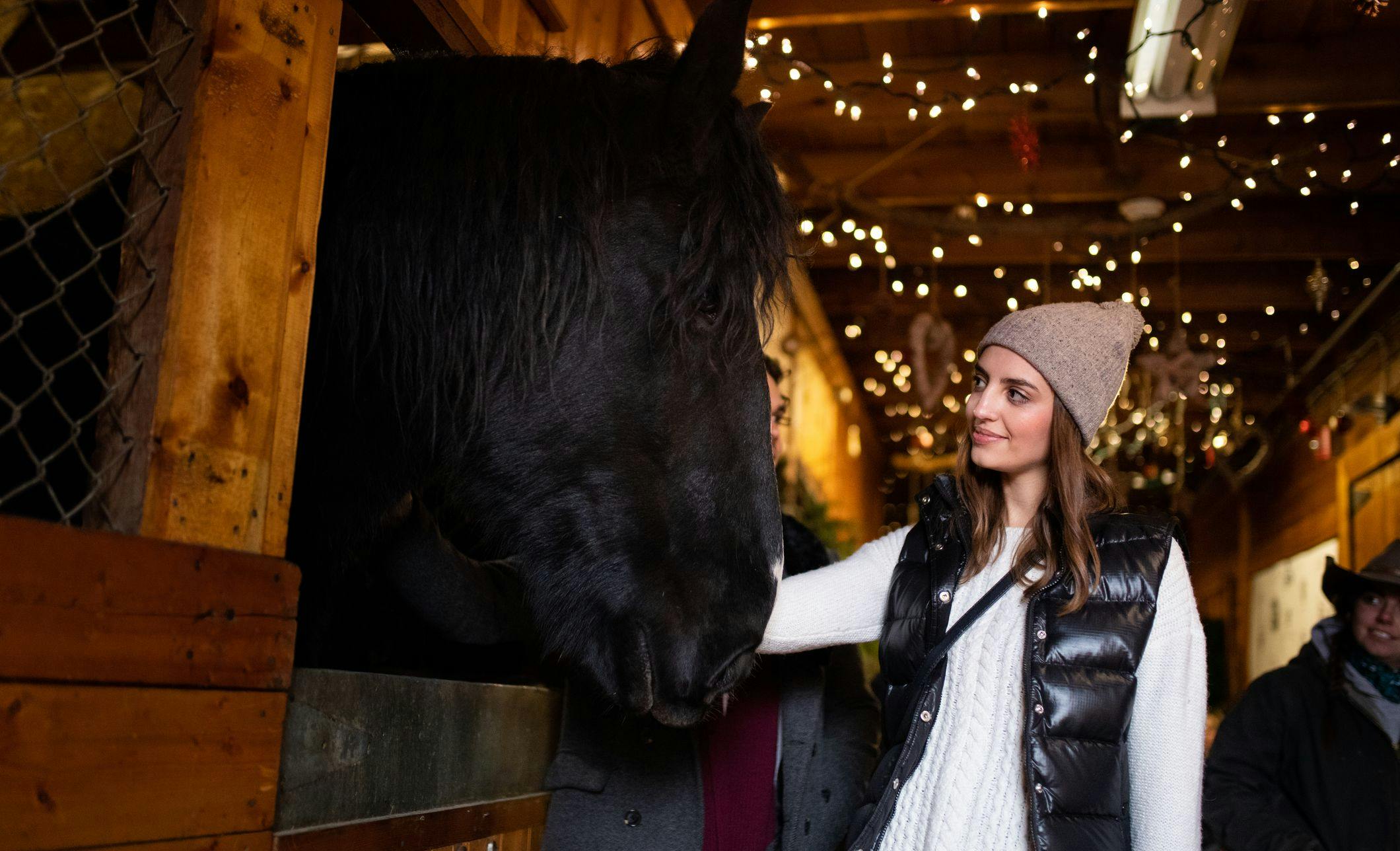 A woman pets a horse at Warner Stables in Banff during the Banff Christmas Market.