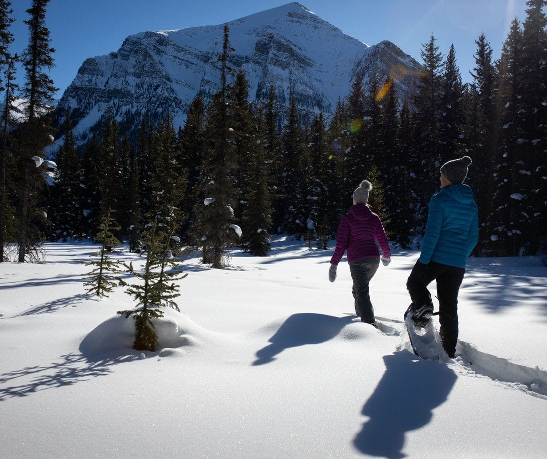 A couple travels through deep, untouched snow in snowshoes through a snowy forest on a sunny winter day