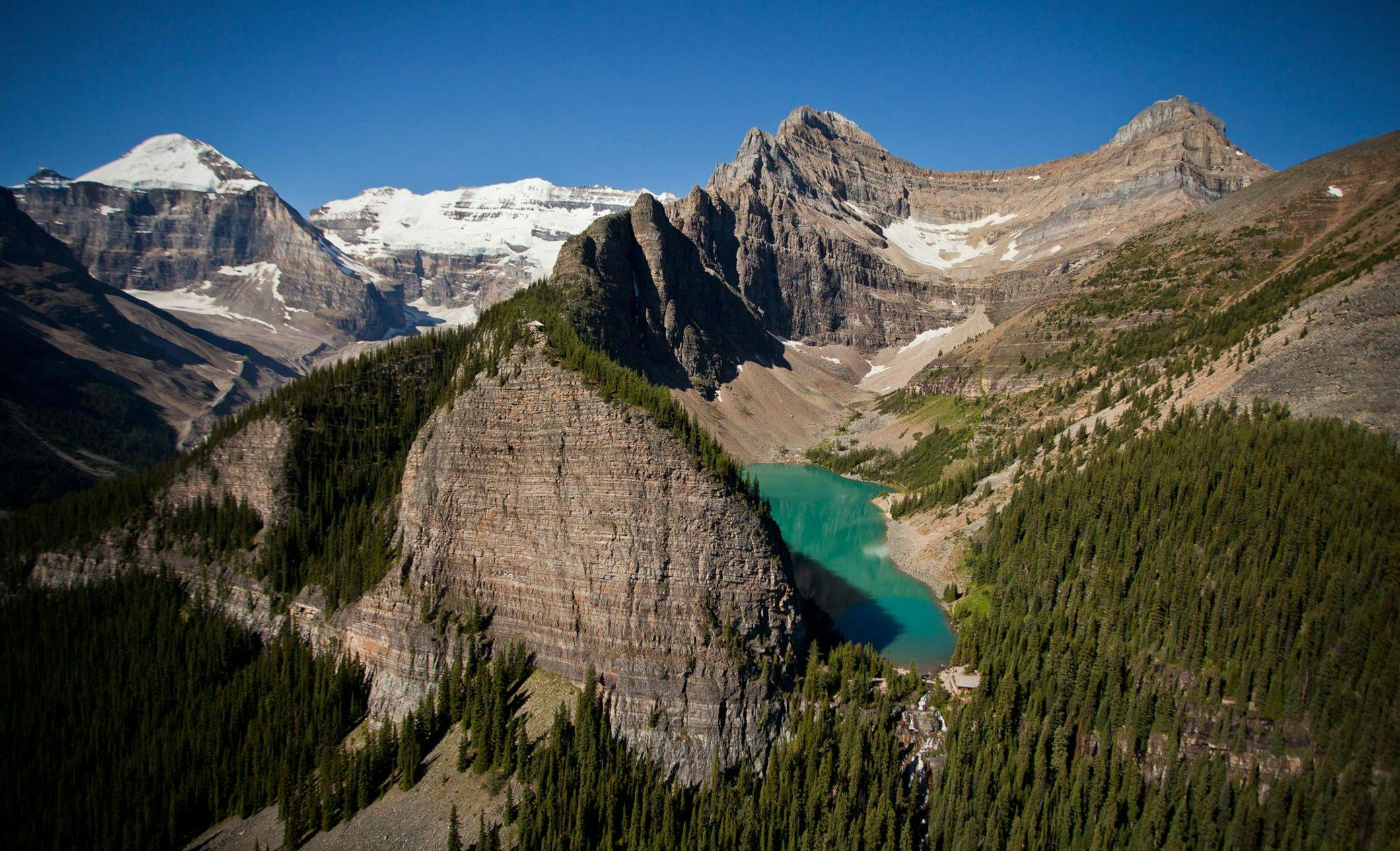 Lake Agnes Teahouse from above, Banff National Park, AB