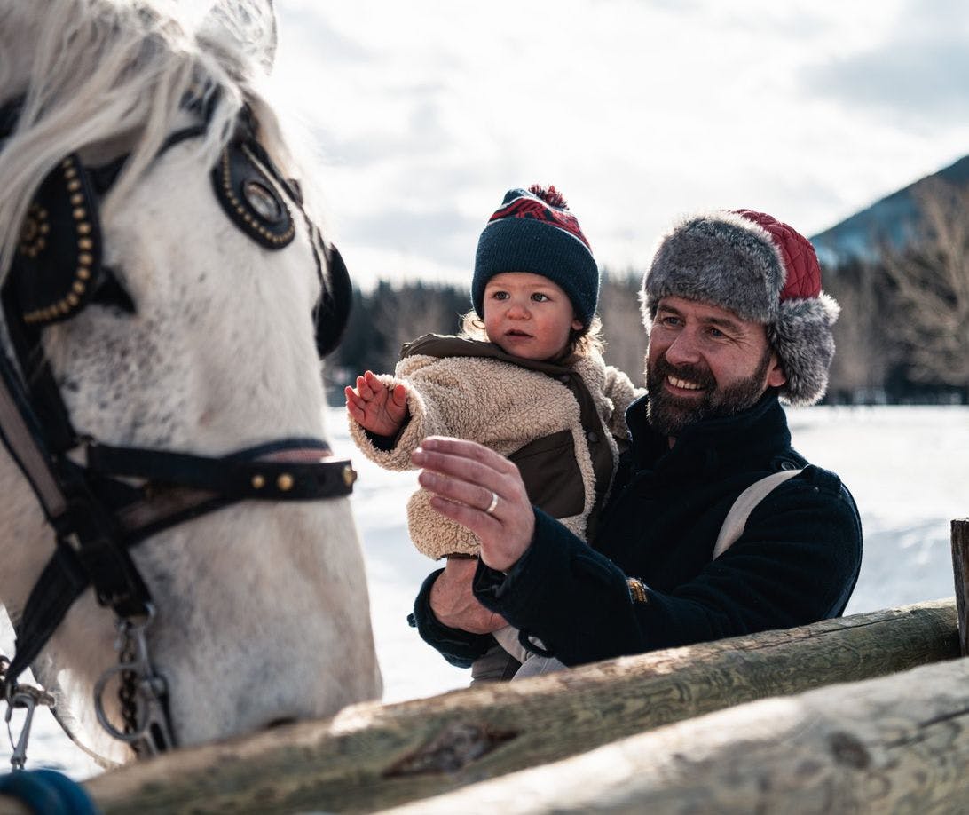 A father and a young baby are bundled up outside in the winter next to a large horse that will pull them in a sleigh