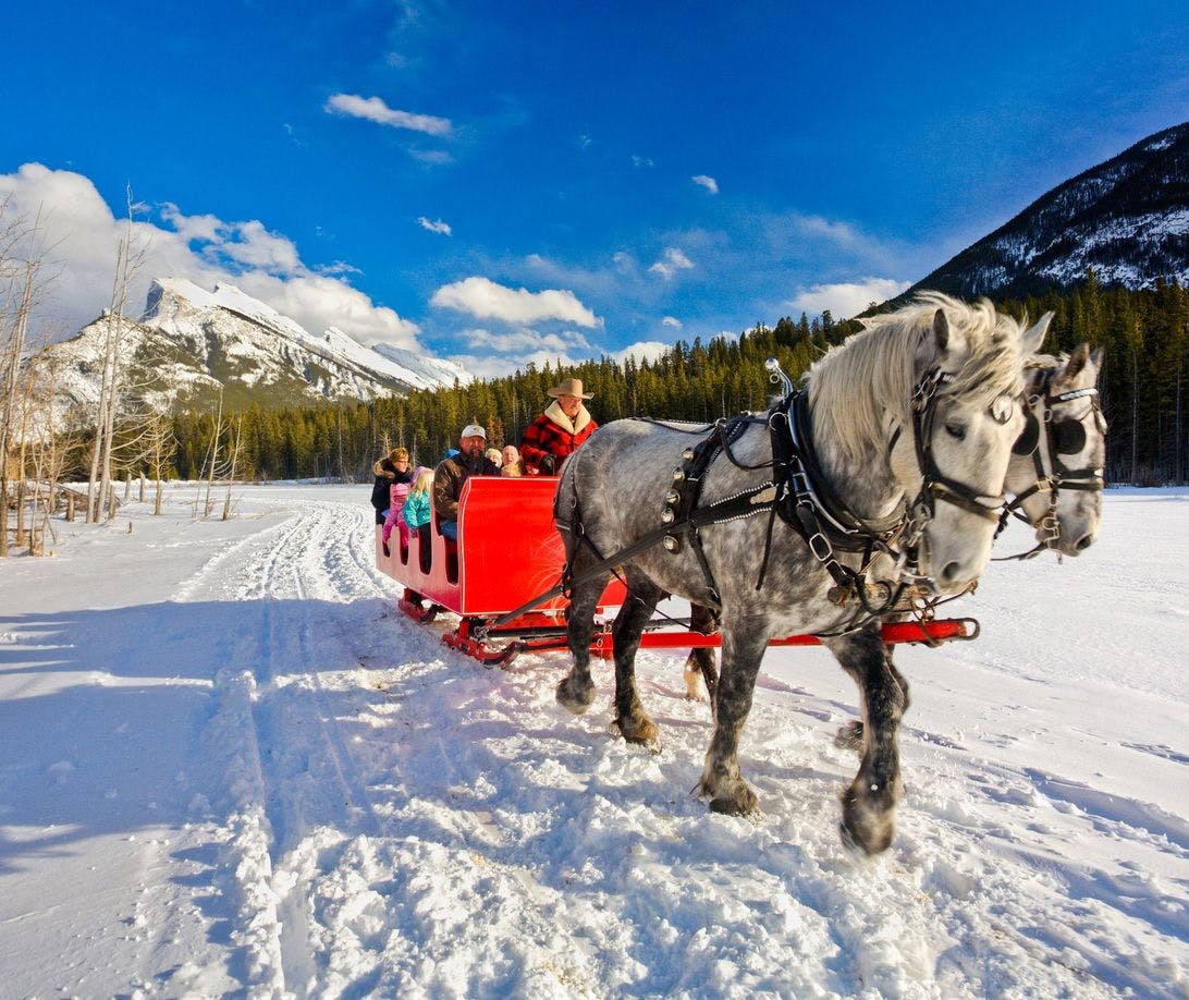 A horse drawn sleigh ride traveling through a snowy landscape with mountains in the background