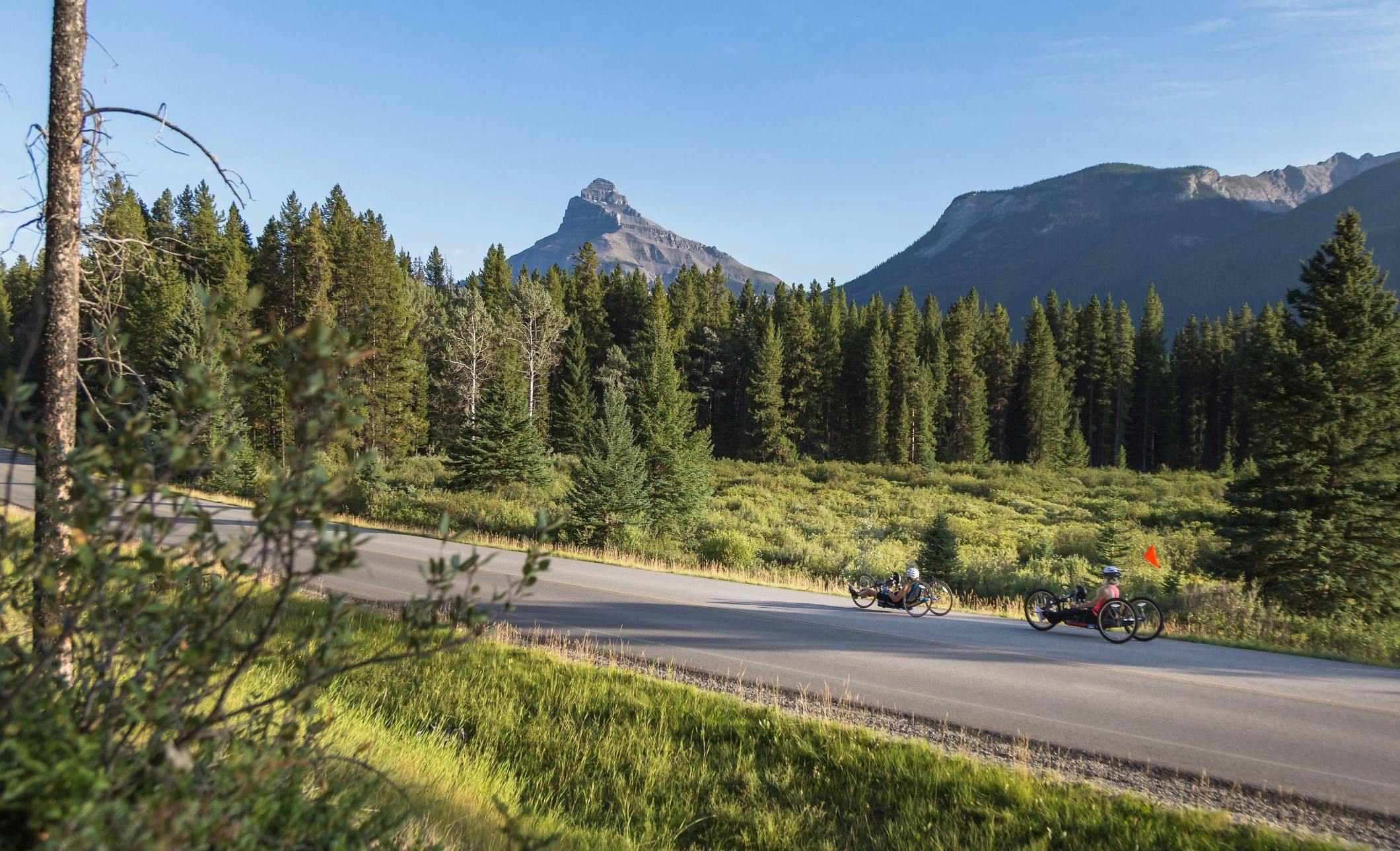 Cyclists bike on the Bow Valley Parkway during the road closure.