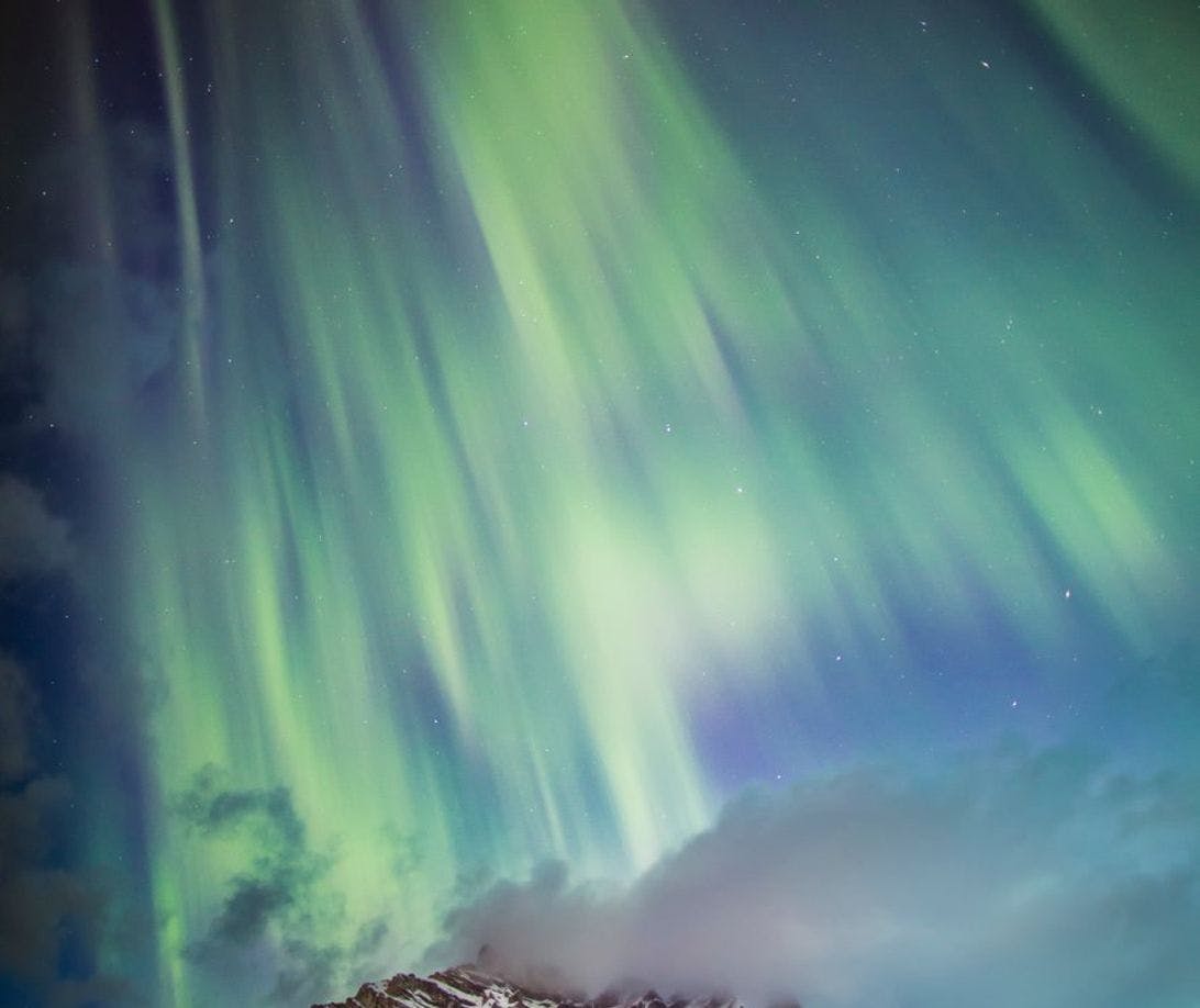 Colourful northern lights over Cascade Mountain