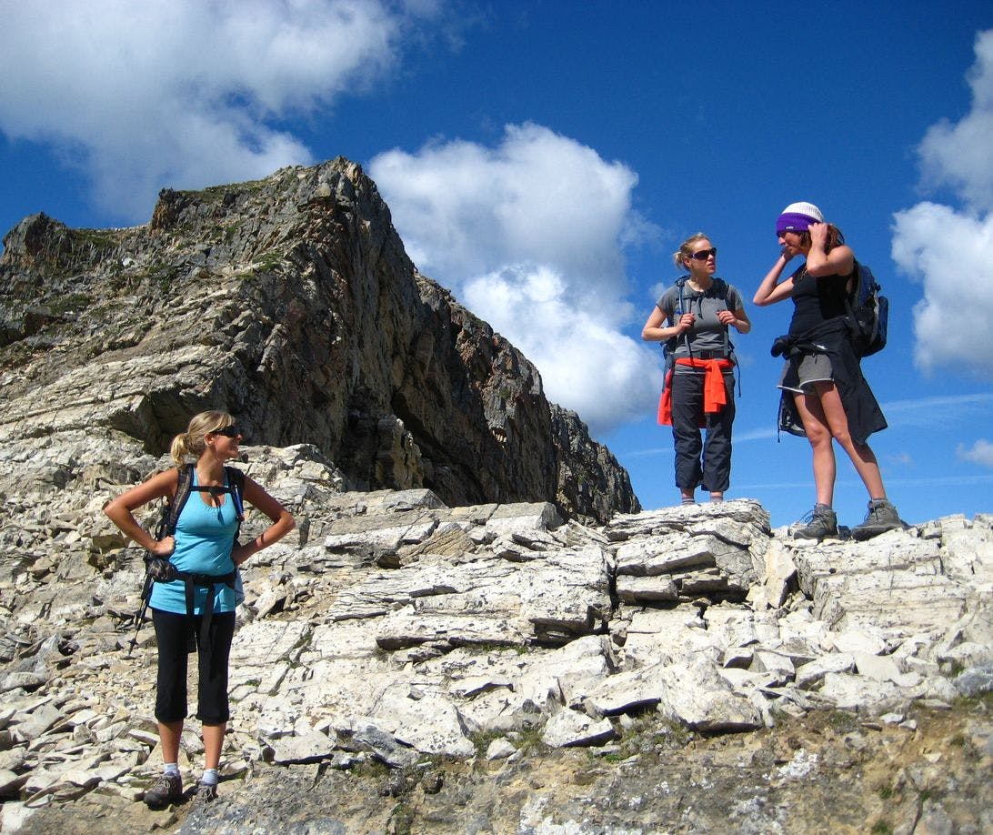 Three female hikers stand on a mountain summit in the alpine on a sunny summer day