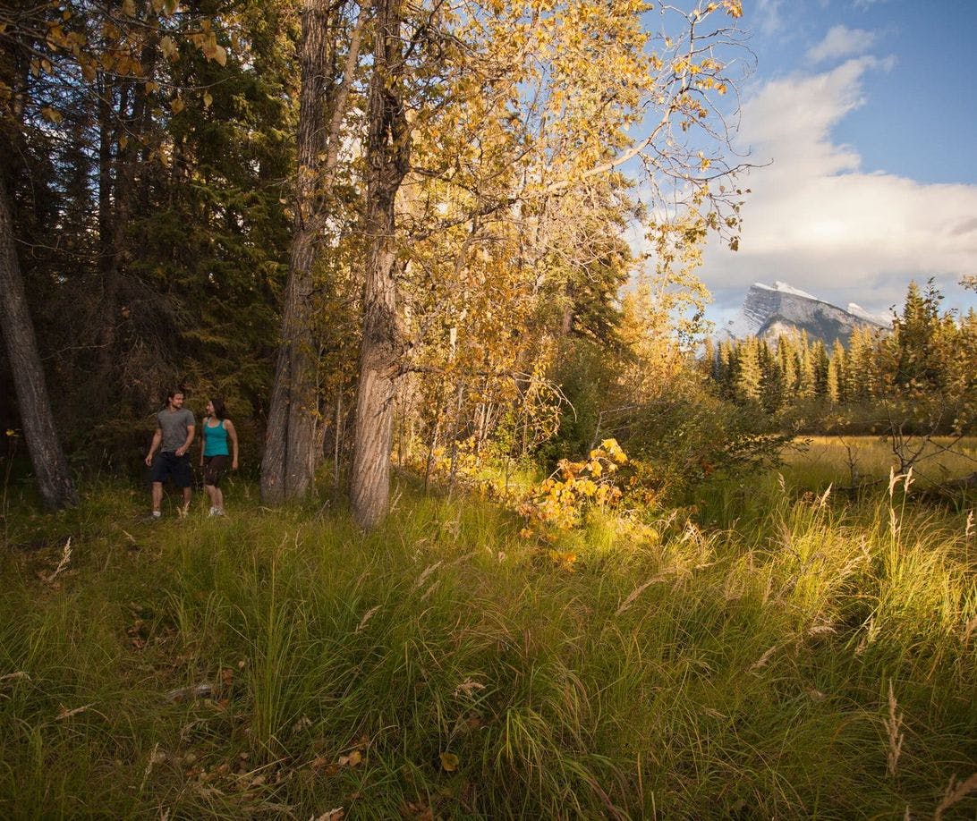 Two people are walking on the Fenlands Trail in Banff Townsite in the fall.