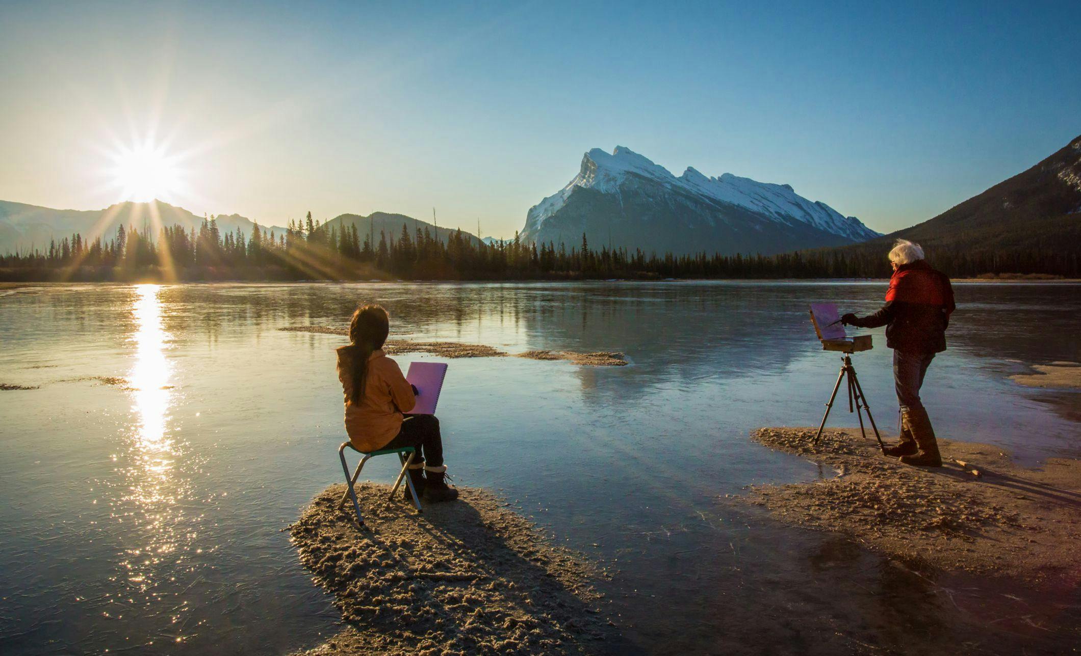 Painters along the shores of Vermillion Lakes, Banff National Park, AB