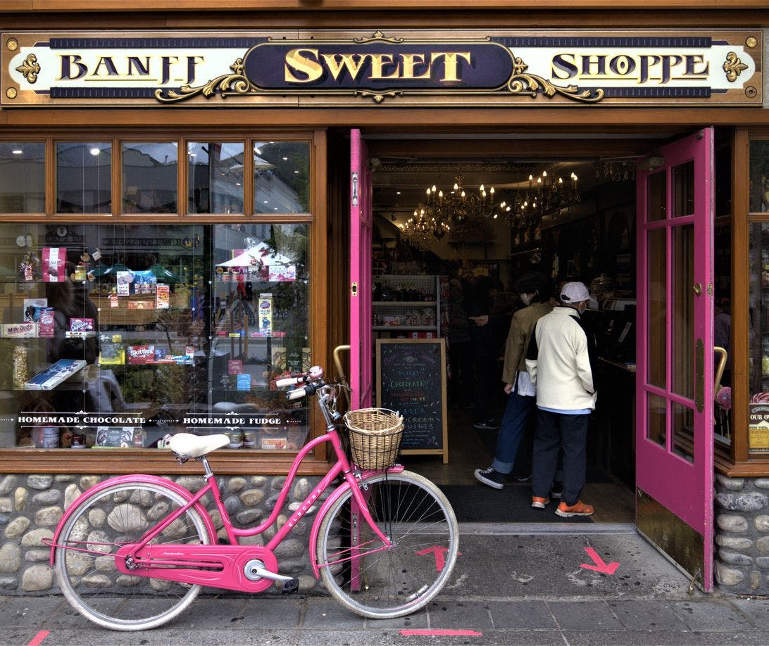 Teh front of the Banff Sweet Shoppe in Banff, Alberta.