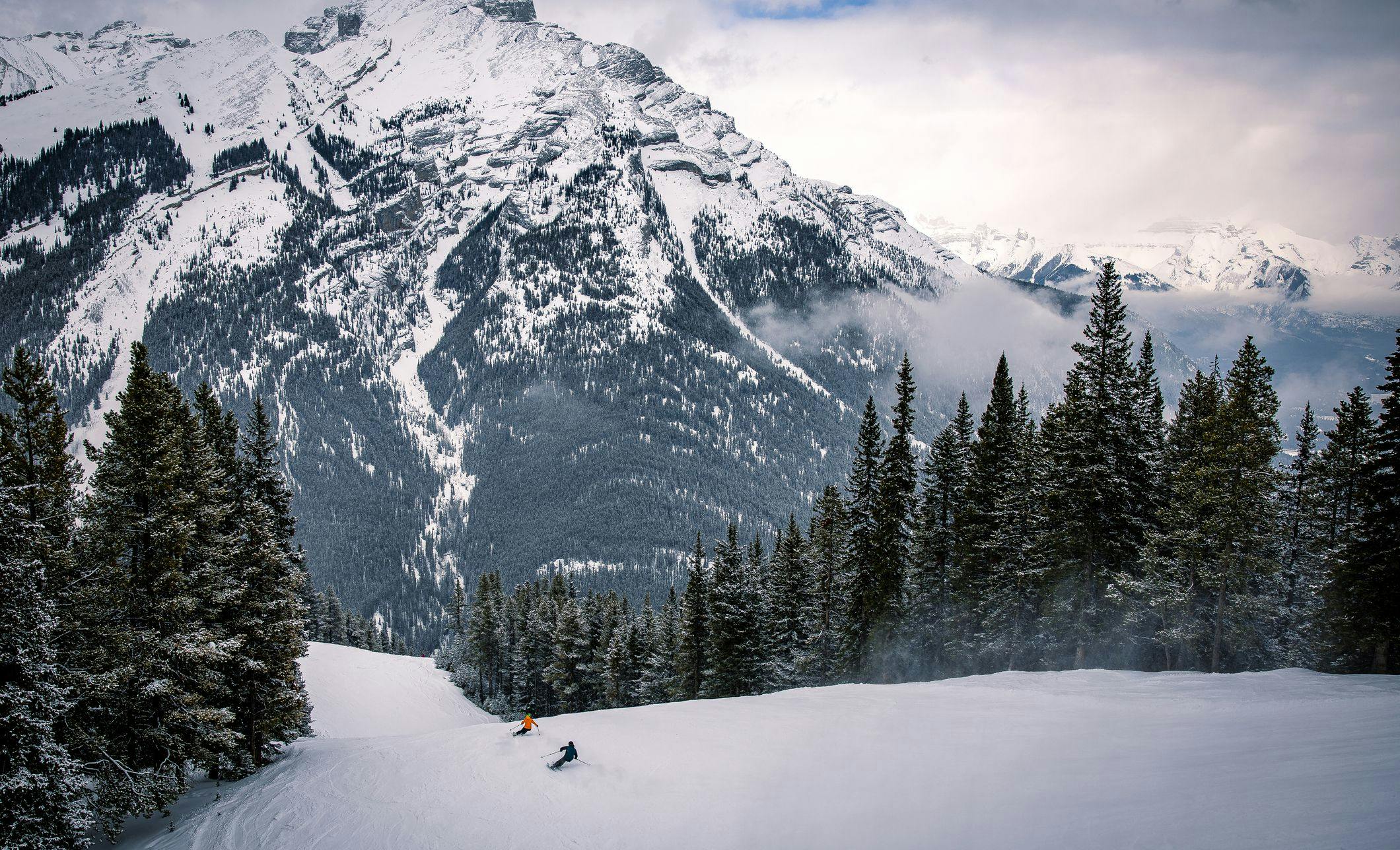 Skiers on Mt. Norquay in Banff National Park.