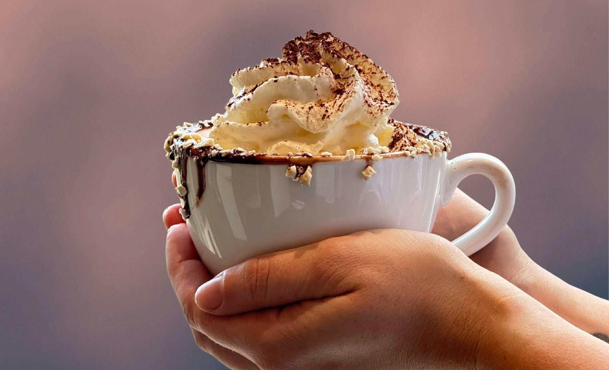 A hot chocolate with whipped cream sits in a person's hands at the Rimrock Resort Hotel in Banff National Park.